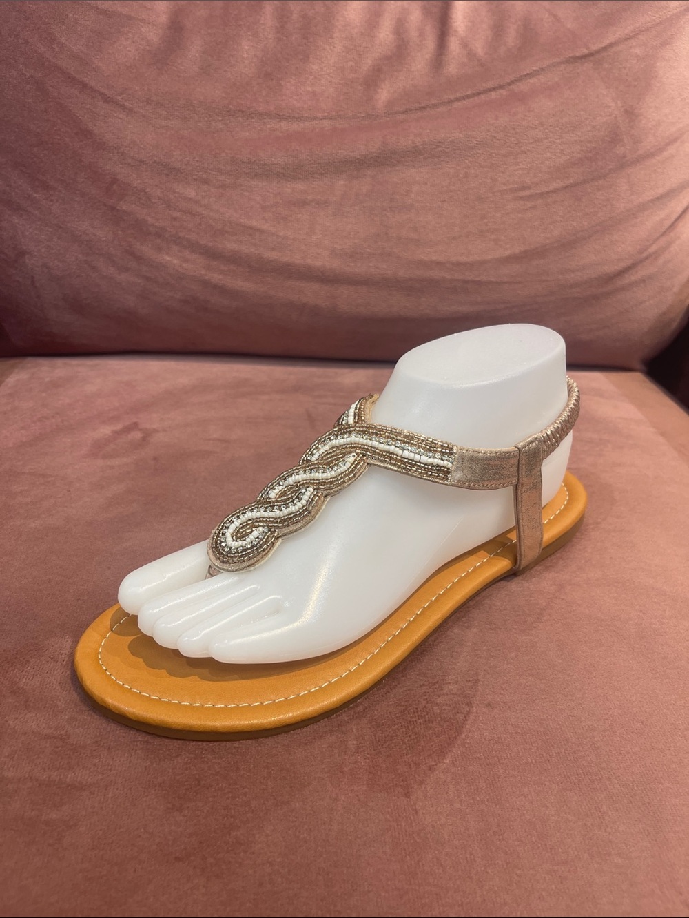 Gold Beaded T-Strap Women's Sandal with Tan Sole